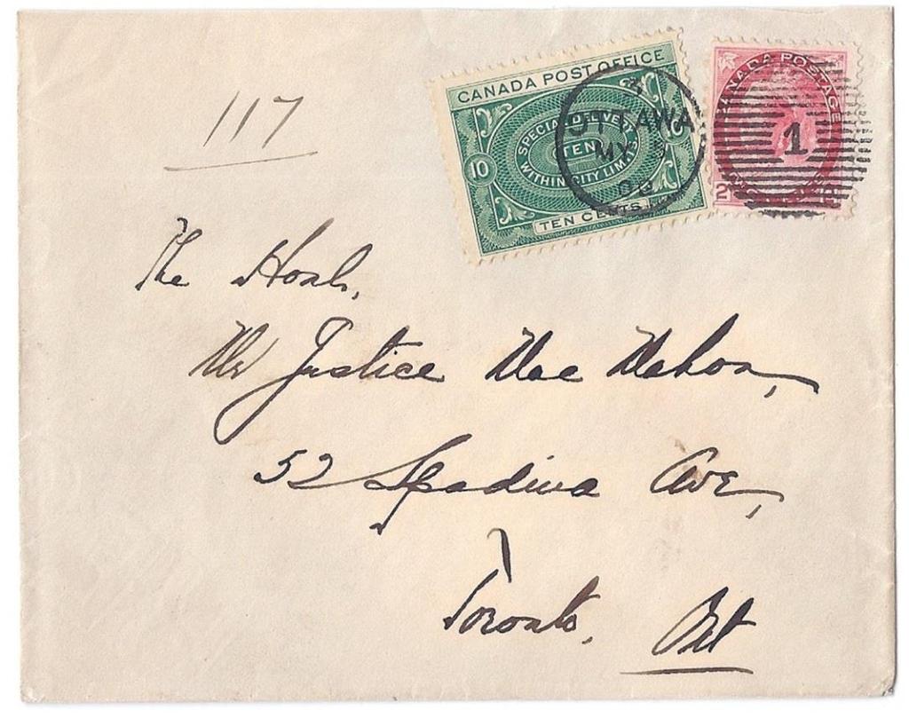 00 Item 251-45 An early special delivery cover 1900, 2 Numeral, 10 Special Delivery (E1) tied by Ottawa duplex 1 on cover