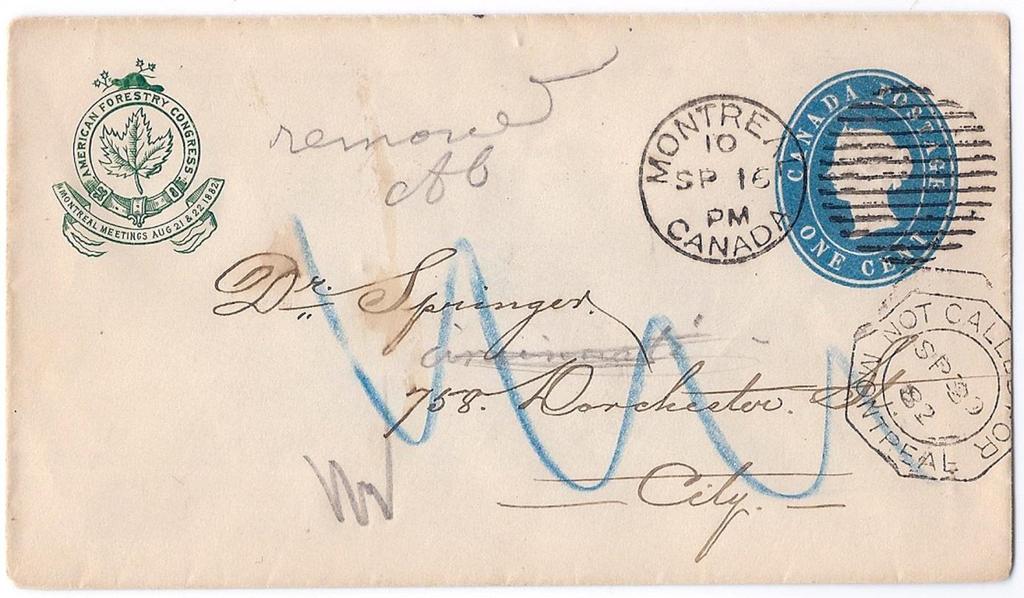00 Item 251-04 Montreal octagonal not called for 1882, 1 postal stationery envelope with American
