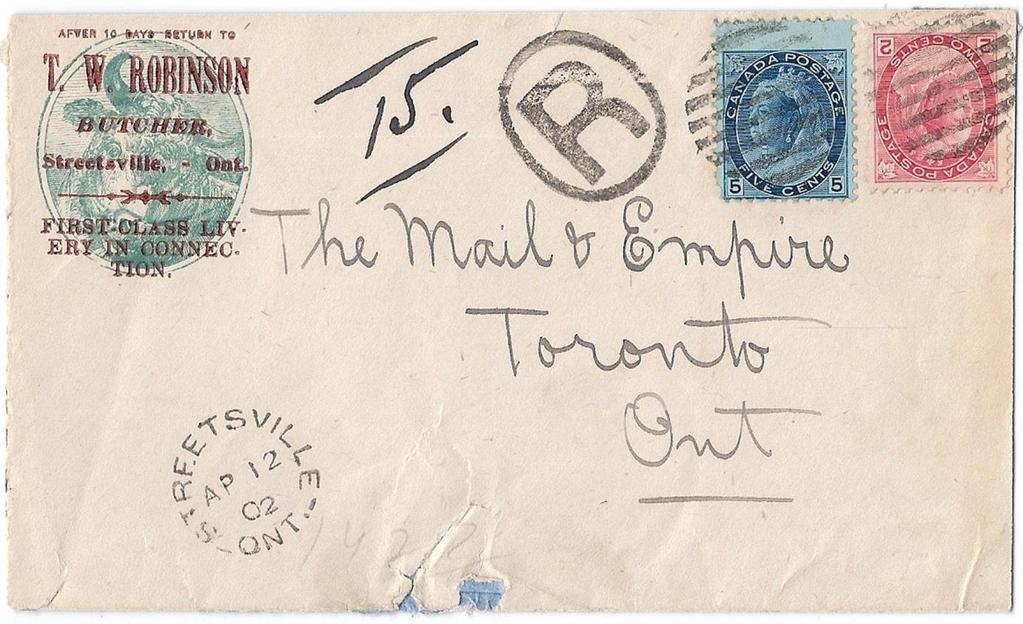 Item 251-09 Streetsville Ont butcher 1902, 2, 5 Numeral tied by grid cancel from Streetsville Ont (Peel) on T.