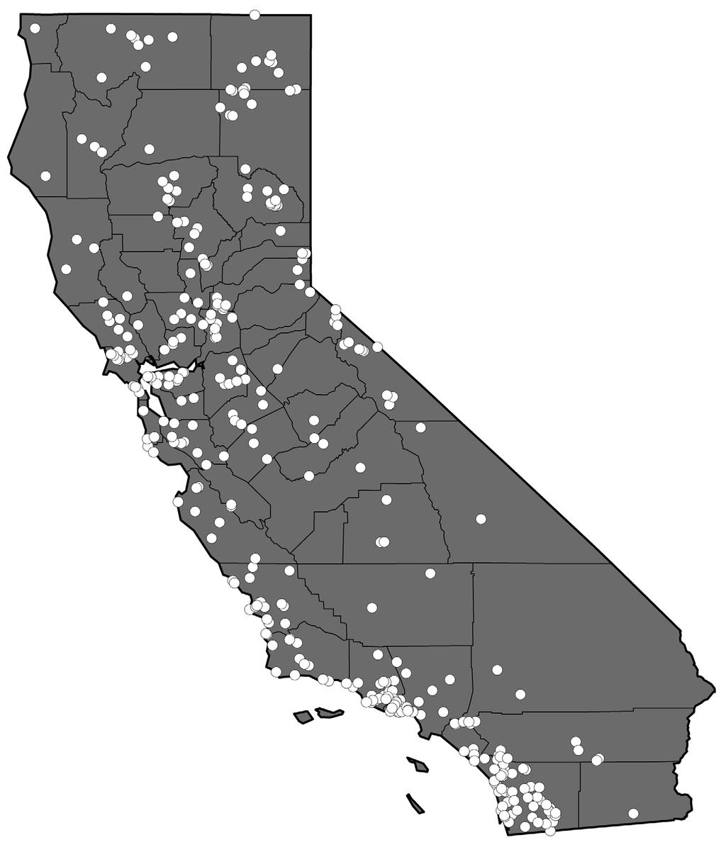 FIGURE 5. Distribution of Hyalella in California (with county boundaries in the background). Hyalella sandra sensu lato Baldinger et al.