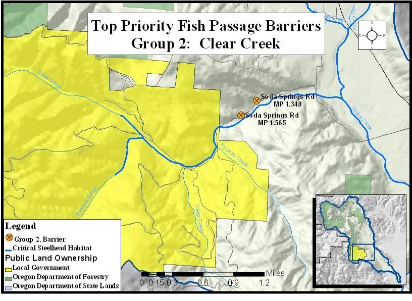 Group 2: Clear Creek Subwatershed Two barriers on Soda Springs Road block access to 0.2 miles of upstream habitat. The culverts at milepost 1.565 and 1.