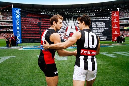 35 Essendon captain Jobe Watson and acting Collingwood skipper Scott Pendlebury greet each other before the round five Anzac Day clash, the most watched match of the 2013 Toyota Premiership Season.