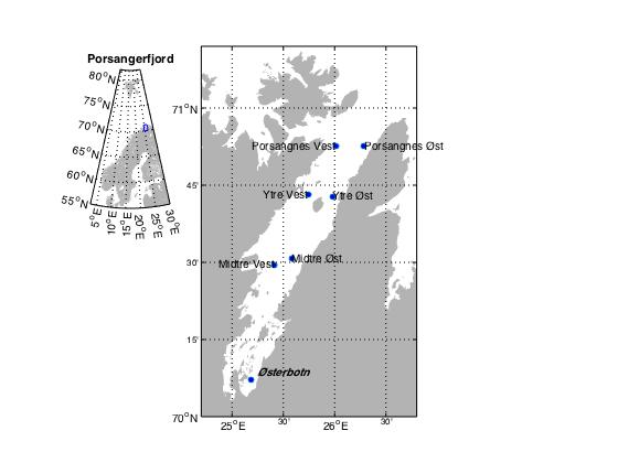 Figure 3 Map of Porsangerfjord and its location in Norway. Stations sampled during the four expeditions in 2014