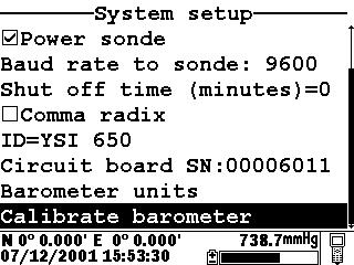 650 MDS Section 3 YSI suggests that the user become familiar with the features provided in the list below prior to using the 650 in field applications. Each item is described in some detail below. 3.3.1 Software version The software version of your 650 is shown in the first line of the System setup menu.