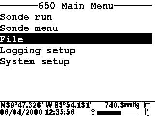 650 MDS Section 3 To proceed with the details of 650 File management, turn the instrument on, highlight the File entry in the 650 Main menu, and press Enter to display the File commands as shown
