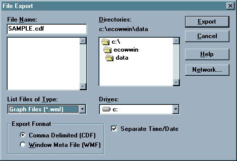 EcoWatch for Windows Section 4 EXPORT Use this command to send the current data to a file. Typically, some other program will read the file. You will see the following dialog box.