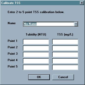 This command opens the TSS Calibration window and allows calibration adjustment. How do I add TSS to my data file? You must have a data set that includes Turbidity data points.