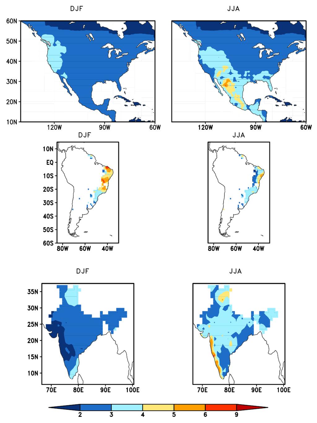 Supplementary Material a b c d e f Decorrelation time of daily precipitation for Boreal winter and summer seasons from gridded rain gauge observations over the a, b) US and Mexico at 1 0 resolution