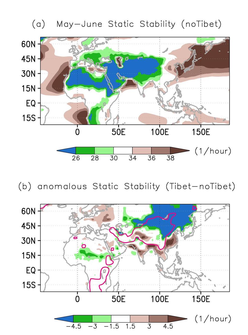 FIG. 7: (a) May-June dry static stability (unit: hour -1 ) averaged from the surface to 400 hpa, and (b) May-June anomalous low-level (from the surface to 0.
