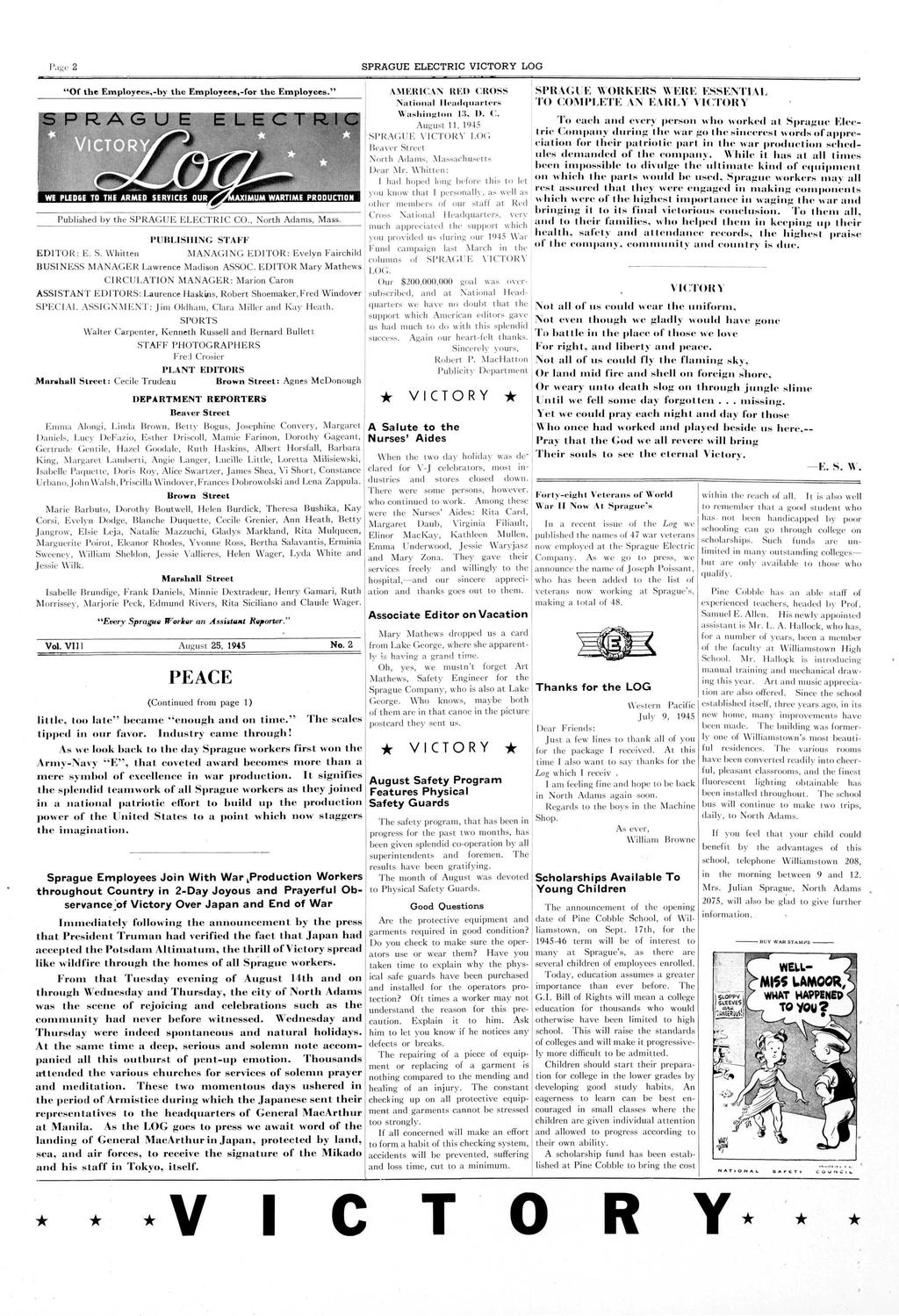 Pge 2 "Of the Employees,-by the Employees,-for the Employees." RAG UE ELECTRIC Published by the SPRAGUE ELECTRIC CO., North Adms, Mss. PUBLISHING STAFF EDITOR: E. S. Whitten MANAGING EDITOR: Evelyn Firchild BUSINESS MANAGER Lwrence Mdison ASSOC.
