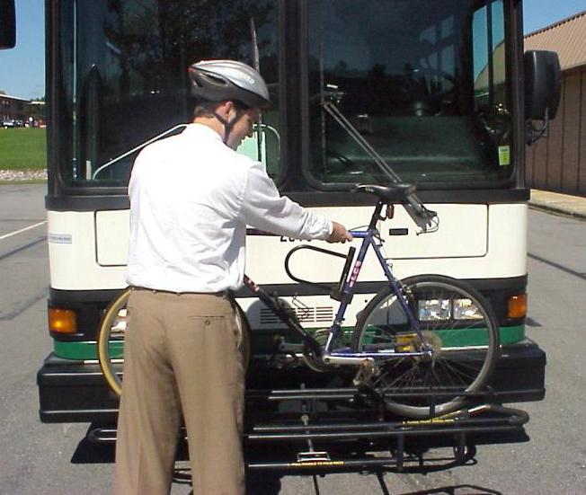 Eight Steps for Using the Bus Bike Rack: Step 1: Before the bus arrives at your stop, please make sure that bike pumps and water bottles are secure so that they do not fall off during the bus trip.