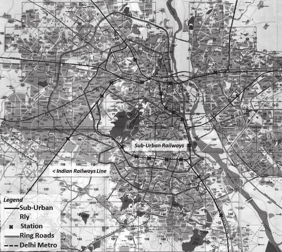 Khan, N. Figure 7: Map of Delhi showing network of Sub-Urban Railways. (Image source: Author; Base Map- Eicher Delhi City Map).