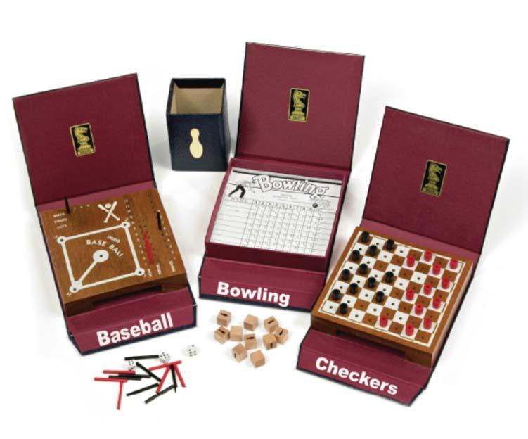 LIBRARY GAME MODEL # 839.99 UPC # 0-43077-83999-6 DRUEKE CLASSIC Three games in one! Mini Baseball, Bowling and Checkers designed to look like books on a shelf!