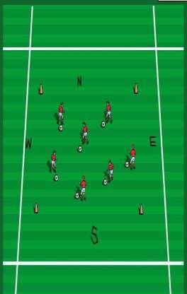 North, East, South, West Emphasis: Dribbling - Everybody starts with a ball in the middle of the grid - Coach shouts "north", "east", "south" or "west" and the players have to go to that side,