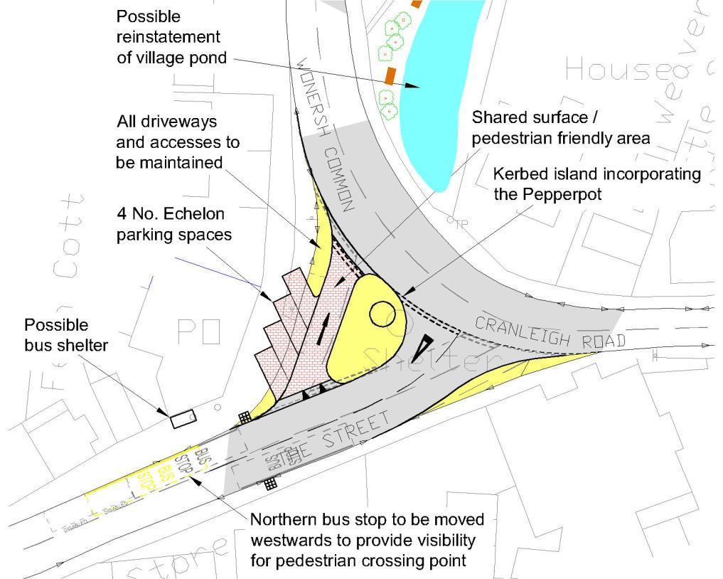 Advantages:- Would slow down vehicles going through the junction; Would provide a safe area to access and sit under the Pepperpot; Would provide a safe crossing point across The Street; Would provide