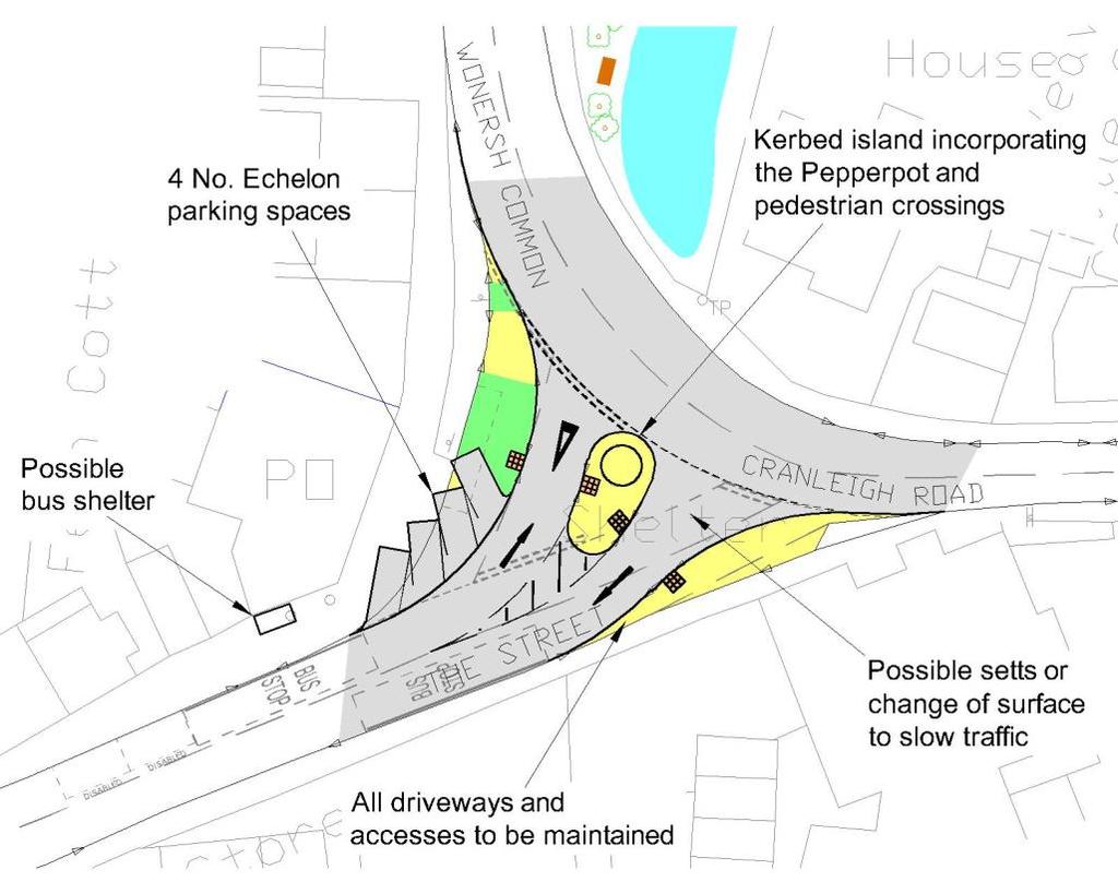 Advantages:- Would provide safe crossing points for pedestrians and protection for the Pepperpot; Would create a new layout, which may take getting used for locals; Would not require the relocation