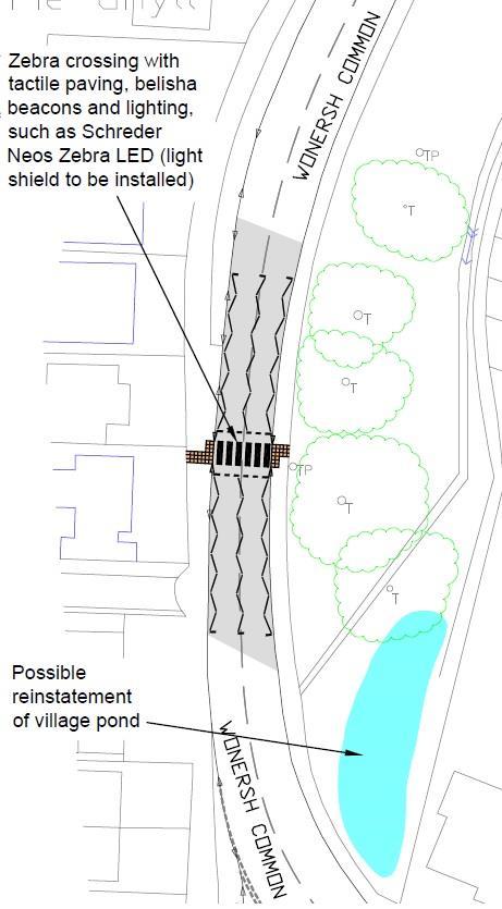 Advantages:- Vehicles would have to stop to allow pedestrians to cross; Crossing point would be clear for all to see; Would be cheaper than the pedestrian refuge island option; It is a