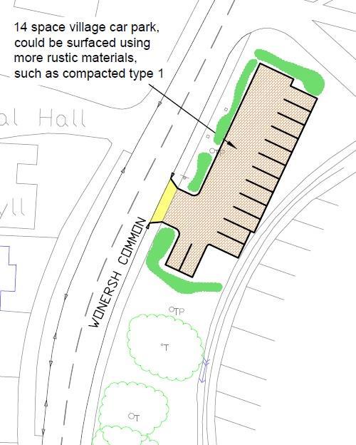 Car park Option 1 2.7 This option consists of a more formal car park north of the tree lined areas, but slightly further away from the village centre. Approximately 14 spaces could be provided.