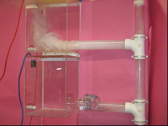 (E) Aerosol Penetration Two chambers made of acrylic sheets, each measuring about 450 mm long by 450 mm wide by 600 mm high, were connected to a vertical drain stack via two horizontal branch pipes