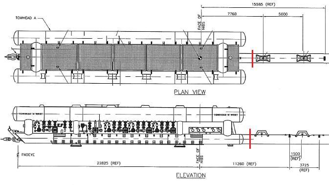 TOWHEAD A - NORTH Length 29.0m (32.0m incl. carrier) Width 6.6m (excl. cut spool ends) Height 4.