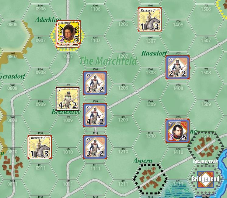 11 is a 6 for defender rout. The Austrian rout roll is a 5 and the Austrians lose a morale point. The I Corps retreats 5 hexes to Wagram and Routed marker is placed on it.