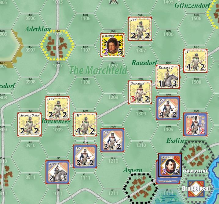 31 Figure 21: Turn 11 French Turn Narrative In the near dark of evening, Charles rallies his troops to force march and attempt to force the French out of the key towns of Breitenlee and Raasdorf.