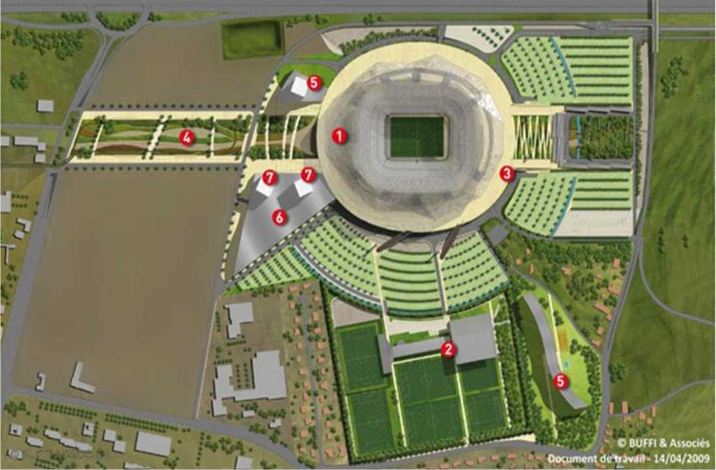 Project components The future stadium: central element - Capacity of 60,000 - Ground area occupied: 6 hectares Related infrastructure OL Groupe head office premises, located on 3,000 sq. m.
