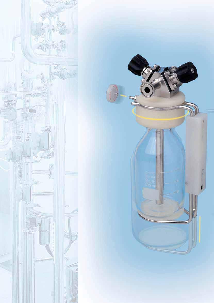 Sterile Sampling Bottle Assembly ALLOWS CApTURINg AND HANDLINg OF LIQUID STERILE product SAMpLES SIP/CIP Fully Autoclavable Assembly Stainless Steel, PVDF Construction Borosilicate Bottle Steam