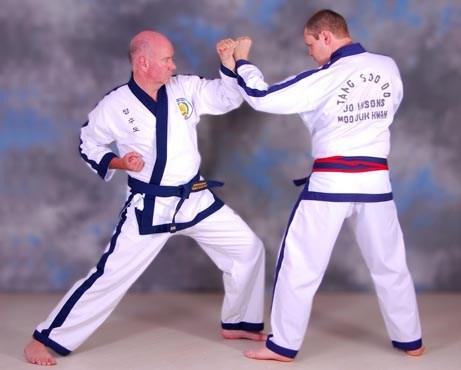 Front, side & back kick combinations, jump front kick and jump side kick. The student must have a black stripe for performing Pyung Ahn Sam Dan.