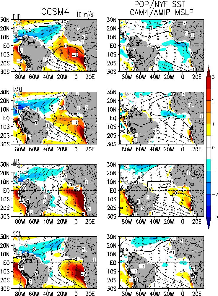 826 827 828 829 830 831 Figure 4. Bias in SST (degc, shading) and MSLP (mbar, contours) during four seasons. Left column is CCSM4 data.