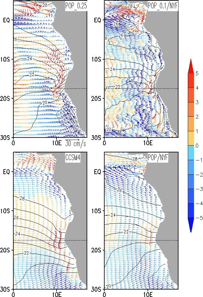 854 855 856 857 858 859 Figure 9. Annual mean surface currents (arrows) and SST (contours, CINT=1 o C) in (a) POP_0.25, (b) POP_0.1/NYF, (c) CCSM4, and (d) POP/NYF.