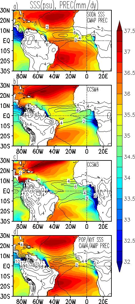 888 889 890 891 892 893 Figure 15 Annual mean sea surface salinity (SSS, psu, shading) and precipitation (mm dy -1, contours).