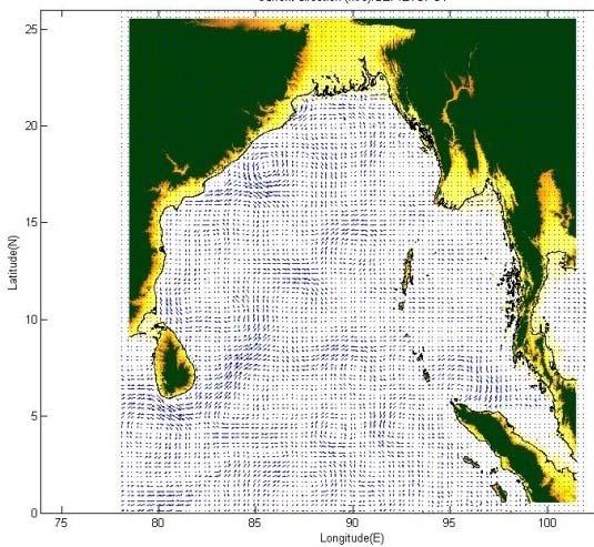 4 m/s South-Westward current is at the North of Malaysia coast in January. In August, the 0.3 m/s North-Eastward current is observed near Myanmar shore whereas about 0.