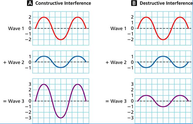 4) INTERFERENCE - Occurs when two or more waves OVERLAP and combine together 1. CONSTRUCTIVE INTERFERENCE - When two or more waves combine to produce a wave with a larger displacement (amplitude.
