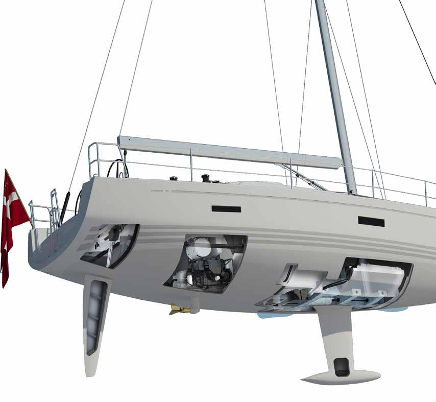 X-QUALITIES Hydraulic backstay adjuster Fuel tank below seats Tapered aluminium rudder stock