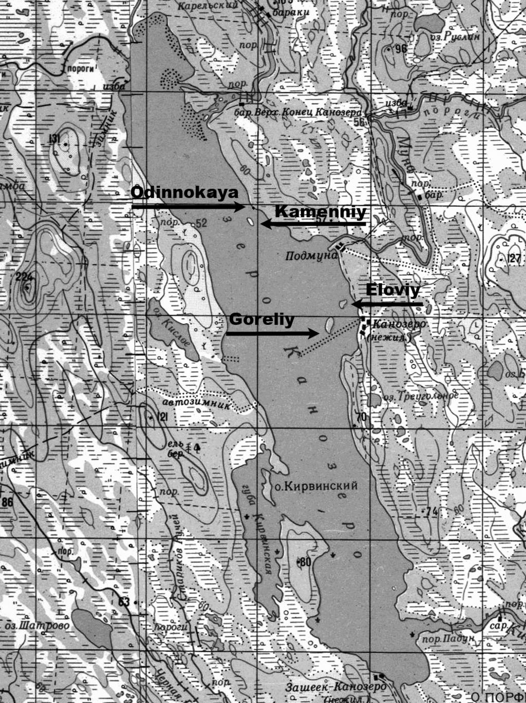 Fig. 2. Lake Kanozero and localities of rock carvings. (Kamenniy-7; Figs. 16-21) consists of more than 430 figures.