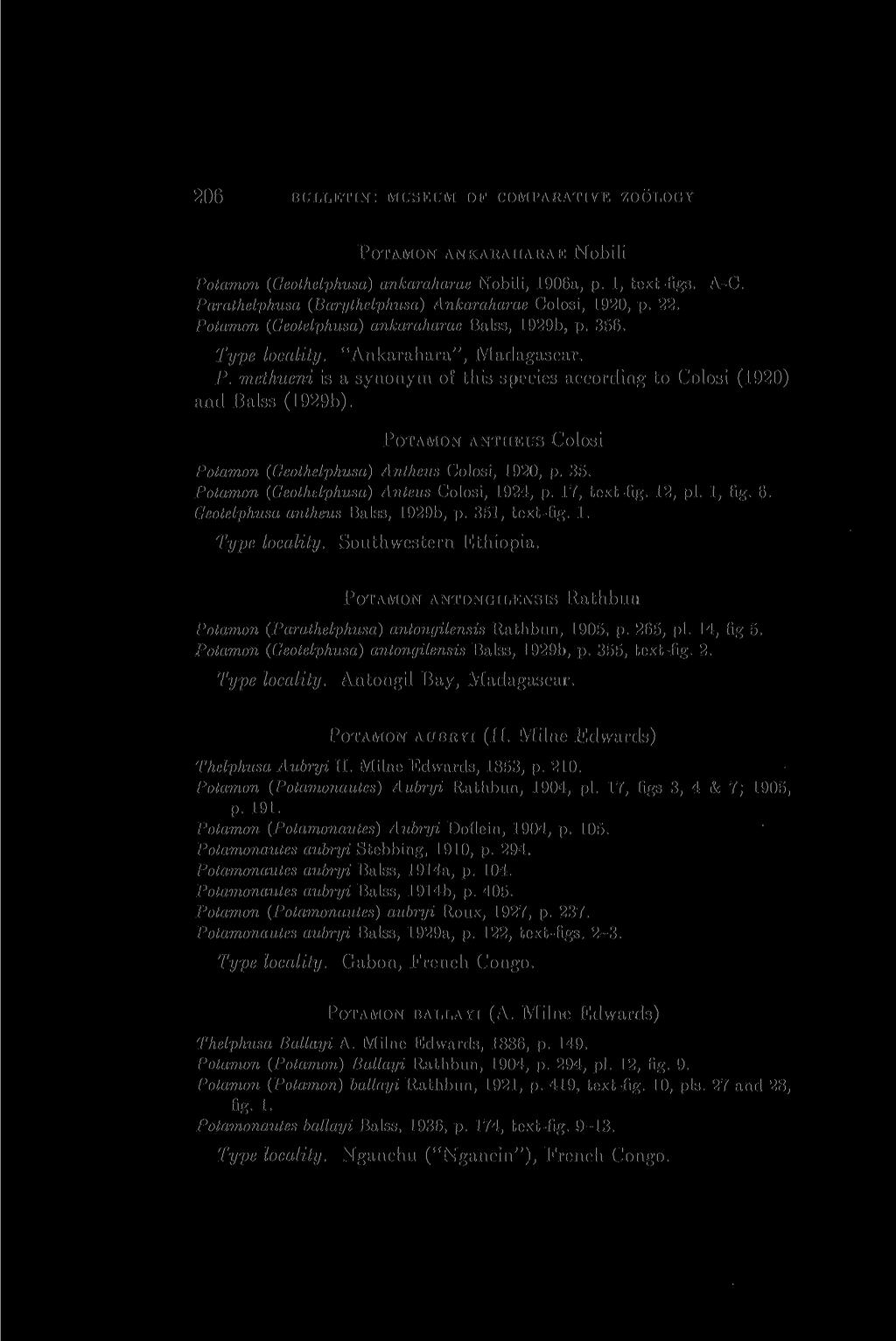206 BULLETIN: MUSEUM OF COMPARATIVE ZOOLOGY POTAMON ANKARAHARAE Nobili Potamon (Geothelphusa) ankaraharae Nobili, 1906a, p. 1, text-figs. A-C.
