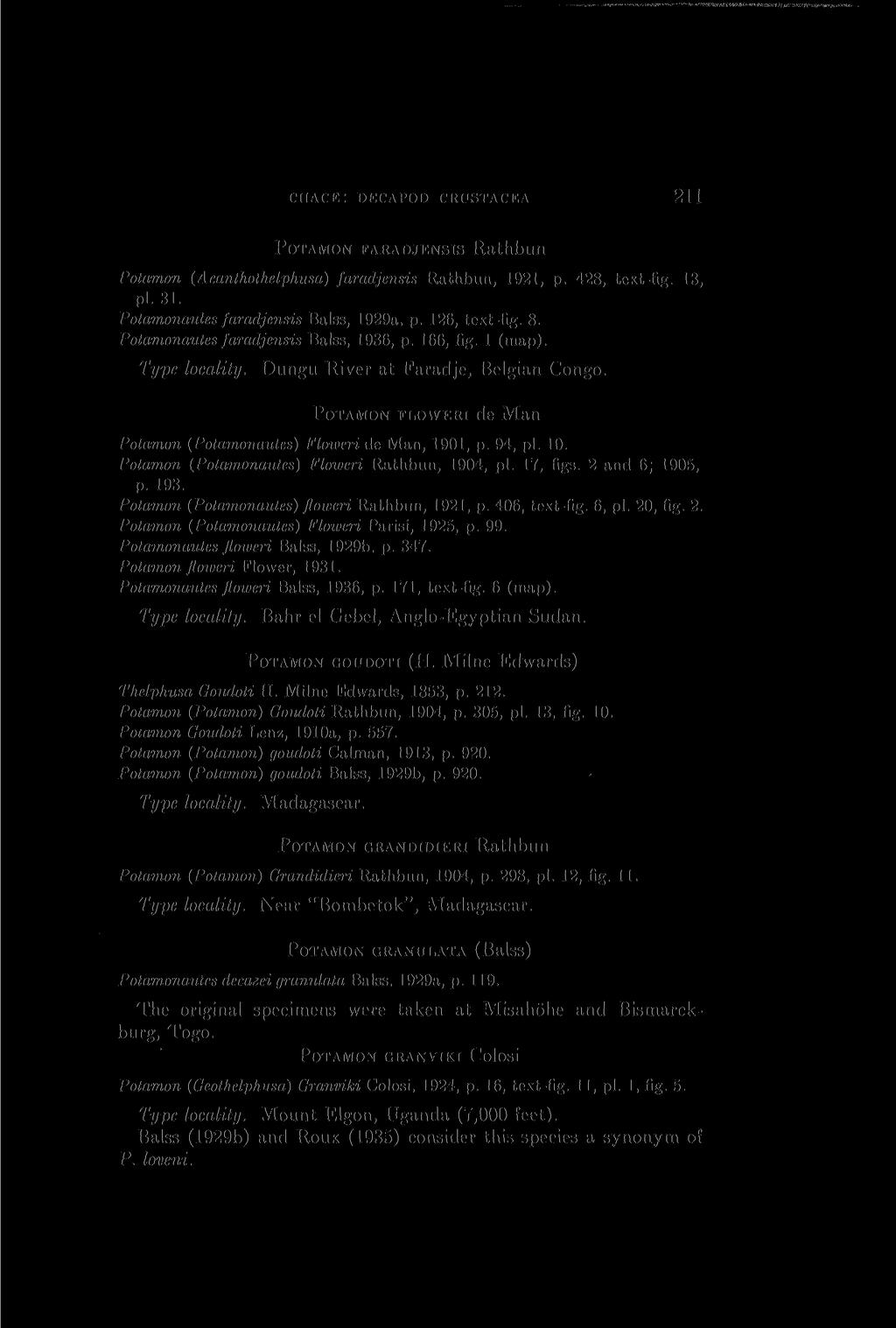 < HACK: DEC APOD CRUSTACEA 211 POTAMON FARADJENSIS Rathbun Potamon (Acanthothelphusa) faradjensis Rathbun, 1921, p. 428, text-fig. 13, pi. 31. Potamonautes faradjensis Balss, 1929a, p. 126, text-fig.