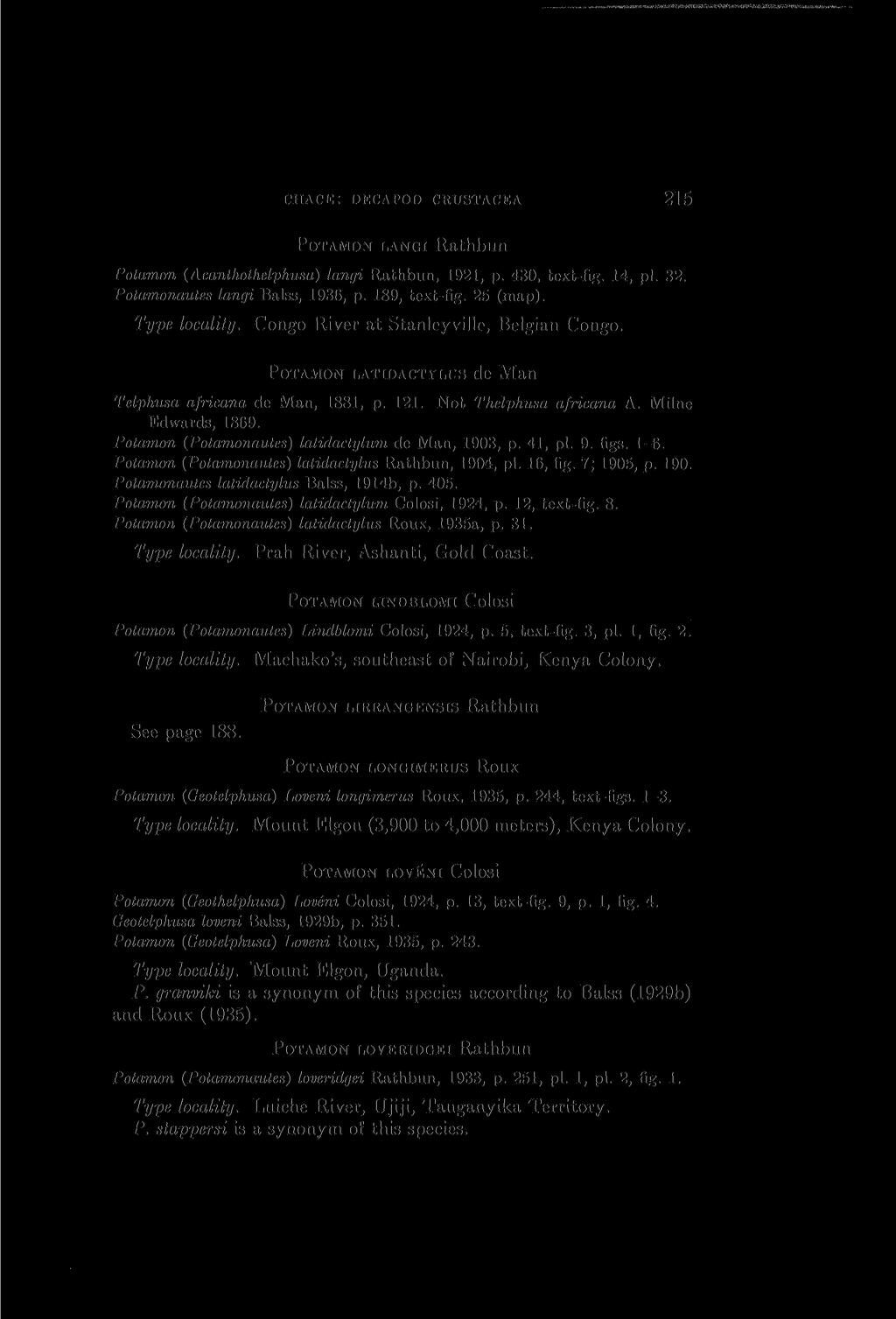< HACK: DEC APOD CRUSTACEA 215 POTAMON LANGI Rathbun Potamon (Acanthothelphusa) langi Rathbun, 1921, p. 430, text-fig. 14, pi. 32. Potamonautes langi Balss, 1936, p. 189, text-fig. 25 (map).
