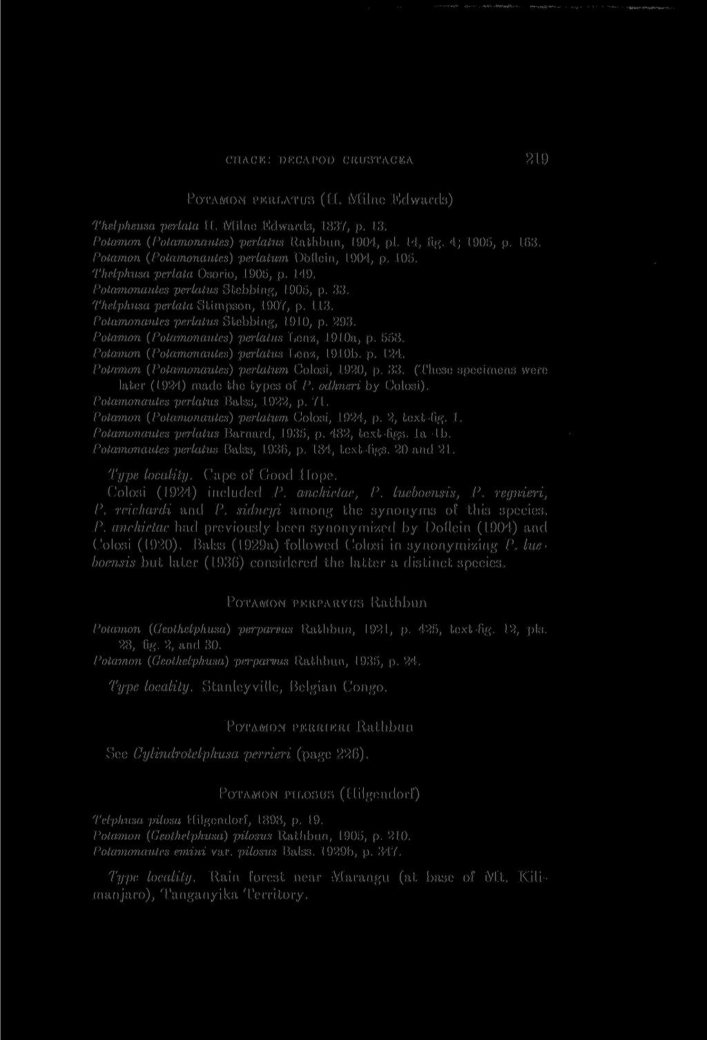 < HACK: DEC APOD CRUSTACEA 219 POTAMON PERLATUS (H. Milne Edwards) Thelpheusa perlata H. Milne Edwards, 1837, p. 13. Potamon (Potamonautes) perlatus Rathbun, 1904, pi. 14, fig. 4; 1905, p. 163.