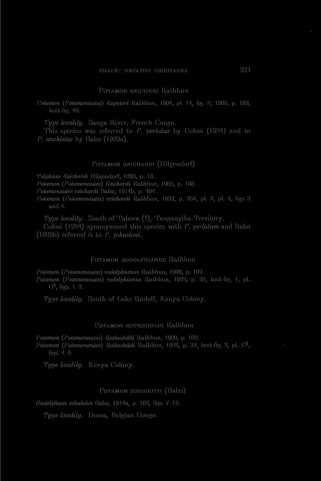 < HACK: DEC APOD CRUSTACEA 221 POTAMON REGNIERI Rathbun Potamon (Potamonautes) Regnieri Rathbun, 1904, pi. 14, fig. 3; 1905, p. 168, text-fig. 40. Type locality. Sanga River, French Congo.