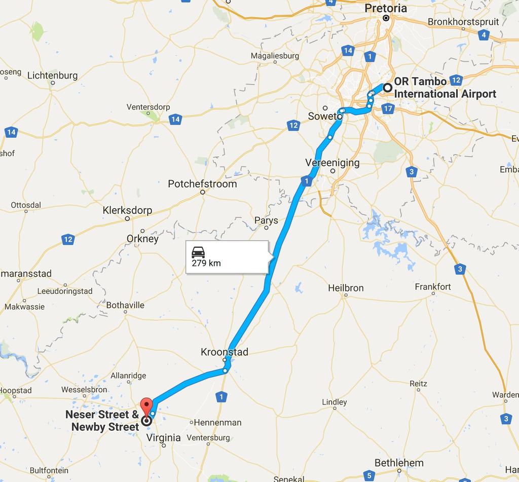 Route from OR Thambo International Airport, Johannesburg: Figure 1: Fastest route from O.R. Thambo airport to Welkom RC Arena. The Welkom RC Arena is situated 250 km south west of O.R. Thambo, the country s largest international airport and Johannesburg, the country s largest economic hub.