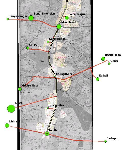 The following map shows the BRT stretch between Moolchand and Ambedkar Nagar with all destinations, who were mentioned by at least 4 different customers.