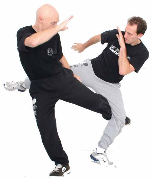 Evade Evade and cut kick Evade with a triangle step and round kick to the supporting leg of the kicker.