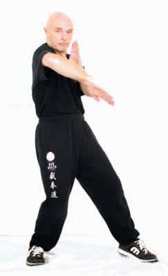 formally in Wing Chun styles, this stance, in a looser format, is also used by Filipino Kali and Indonesian Silat systems. Open your legs as shown by rotating out further.