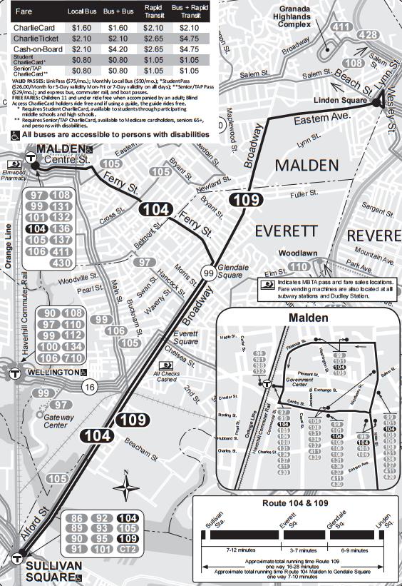 Overview of Everett Bus Routes Route 109 provides service from Sullivan Square Station to Linden Square via Everett Square and Glendale Square.