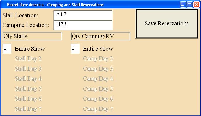 Camping and Stall Reservations When you click on Camp/Stall Reservations in the rider signup screen, you will see a screen like this: Stall Location: The stall number reserved for this rider.