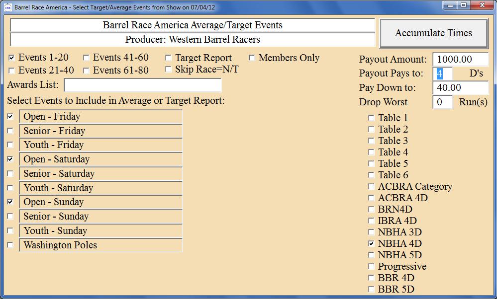 Average/Target Report When you click on Average/Target Report, you will see a screen like this. In this example, we are creating a 4-D Average report of the three Open events, with $1,000.00 added.