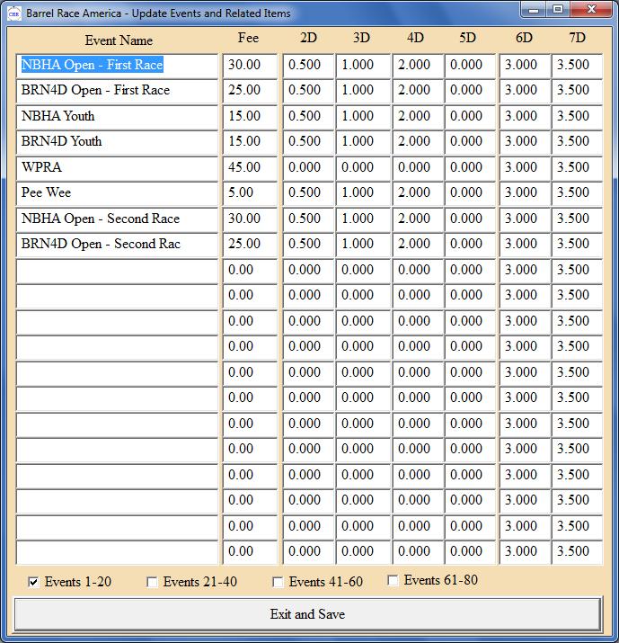 Default Event Definitions This screen comes up when you check Event Definitions from the Options screen. It allows you to define defaults for event names, fees and D time breaks.