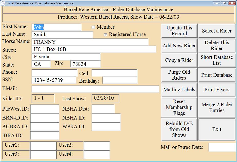 Rider Database This is where you keep definitions of each rider. If you separate riders by different horses, each one can have a different entry.